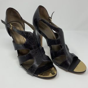 Tahari Black Caged Leather Gold Toe High Heel